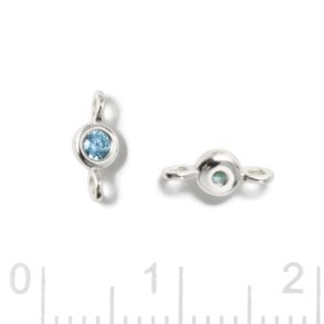 Link, round zirconia with 2 loops, topaz blue, silver, 7,5x3x2mm, 2pcs