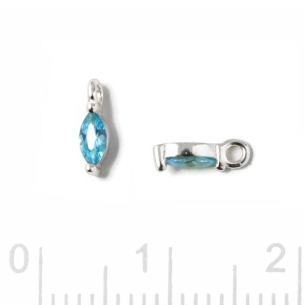 Pendant, oval zirconia with loop, Topaz blue, silver, 7x2x2.5mm, 2pcs