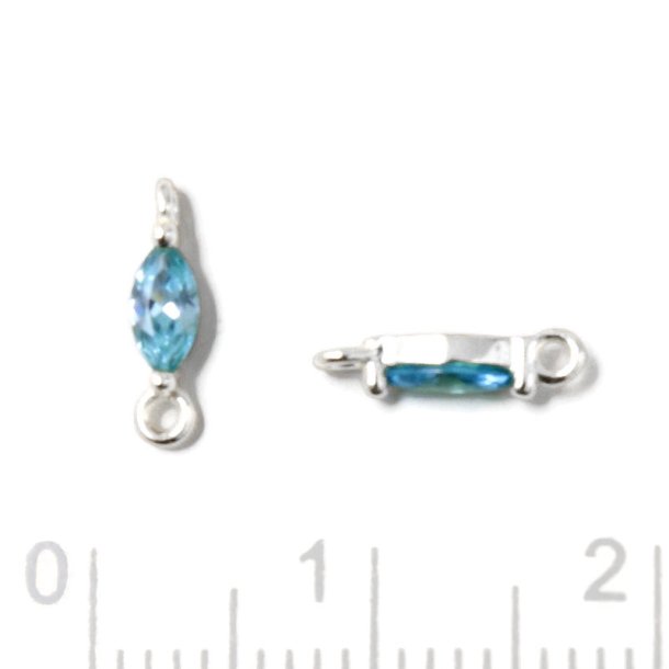 Small link, oval zirconia with 2 loops, Topaz blue, silver, 9,5x2x2.5mm, 2pcs
