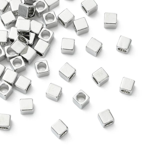 Square cubic bead, 18K platinum-plated brass, 3x3x3 mm, 10 pcs