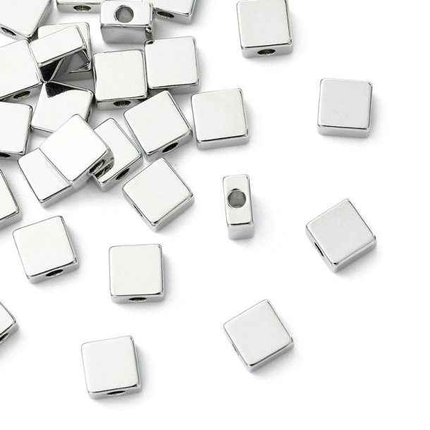 Square flat bead, platinum-plated brass, 6x6x3 mm, 6 pcs