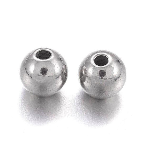 Perle af blankt rustfrit stl, gennemboret, 6 mm, 1,5 mm hul, 2 stk.