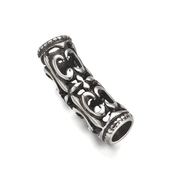 Tube bead, stainless steel, ornamented, 34x11mm, hole size 7mm, 1pc.