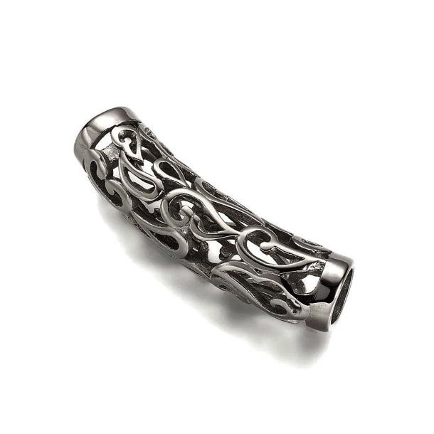 Tube bead, long, steel, ornamented, 43x11mm, hole size 8mm, 1pc.