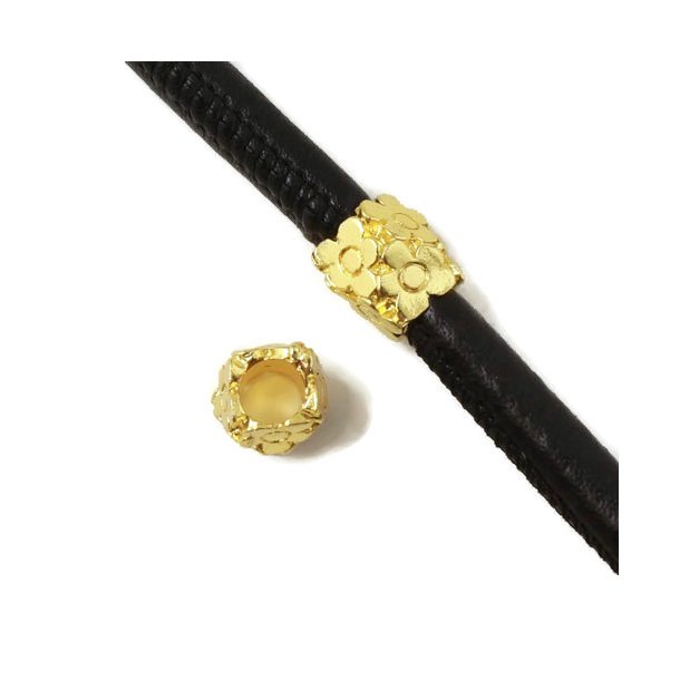 Tube bead w. flower pattern, gilded, 10x9mm, with 5mm hole, 1pc.