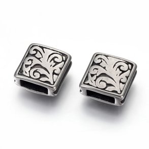 Square bead with decoration, steel, 10x10x4 mm, hole: 2.5x6 mm, 1 pc