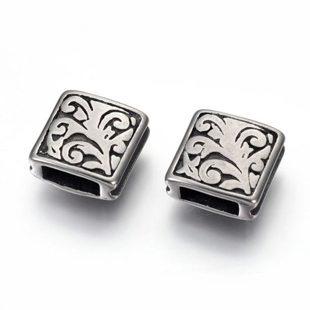 Square bead with decoration, steel, 10x10x4 mm, hole: 2.5x6 mm, 1 pc
