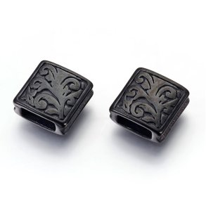 Square bead with decoration, black steel, 10x10x4 mm, hole: 2.5x6 mm, 1 pc