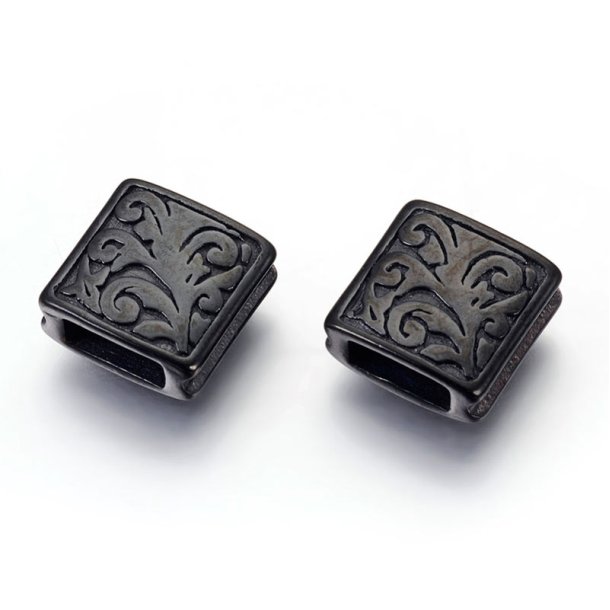 Square bead with decoration, black steel, 10x10x4 mm, hole: 2.5x6 mm, 1 pc