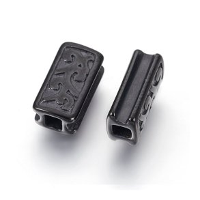 Locking bead for macrame, rectangular with ornamentation, black steel, 12x8 mm, 1pc