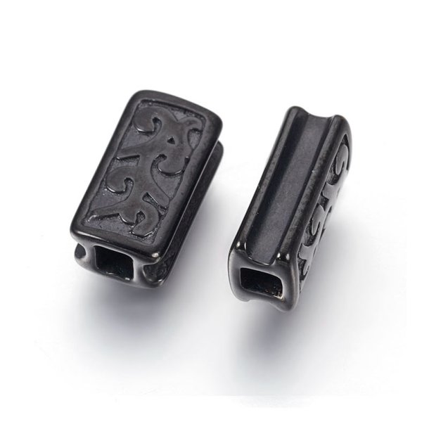 Locking bead for macrame, rectangular with ornamentation, black steel, 12x8 mm, 1pc