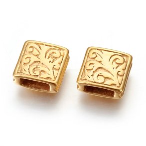 Square bead with decoration, gold plated steel, 10x10x4 mm, hole: 2.5x6 mm, 1 pc