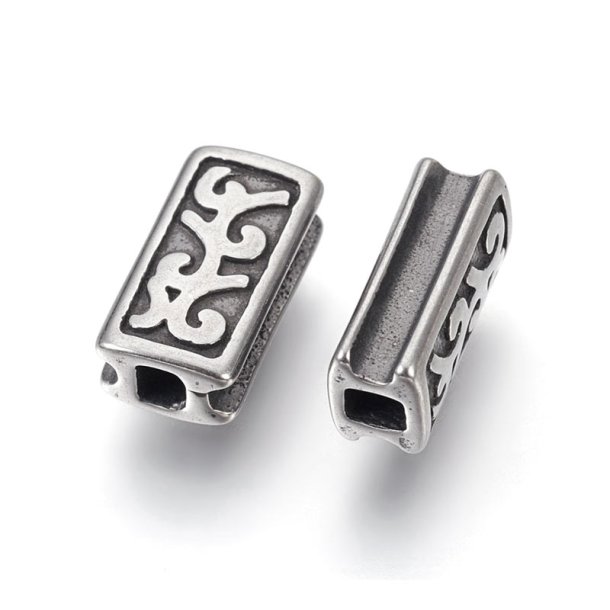 Locking bead for macrame, rectangular with ornamentation, steel, 12x8x5mm, 1pc