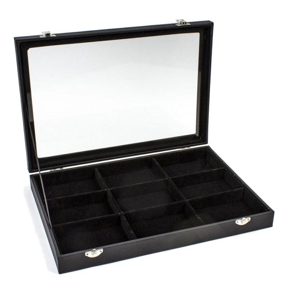 Display box with lid and 9 black compartments, black velour, 1pc