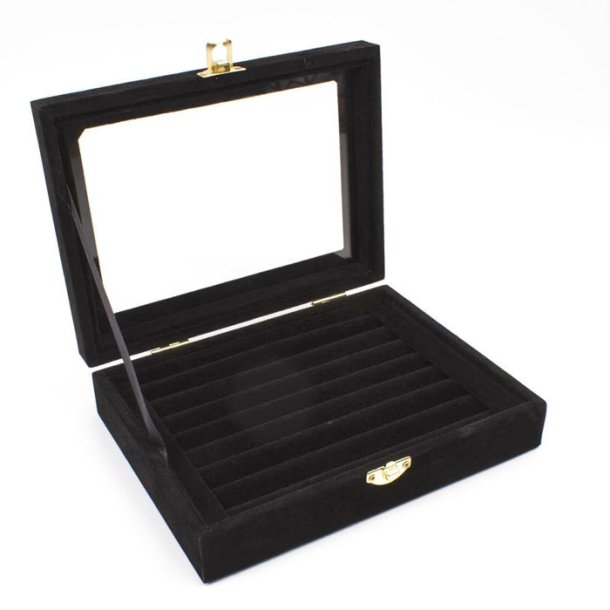 Display box with glass lid, small model, for rings, black velours 20x15x5 cm, 1 pc