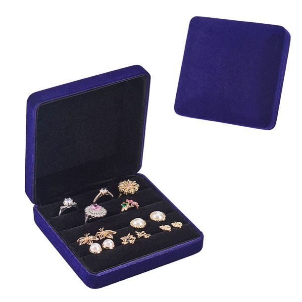 Storage box for finger rings, hinged lid, dark blue velour, 12x12x4 cm, 1 pc