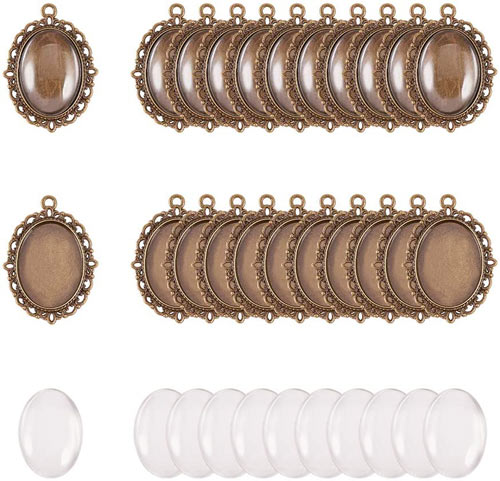 Bilderrahmen-Anhänger, mit ovalem Klarglas, bronzefarben, 25x18mm, 30 Sets