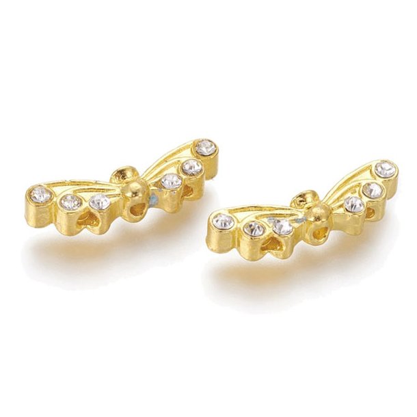 Angel wings with crystals, gold plated alloy, 21x6x4mm, 6pcs.