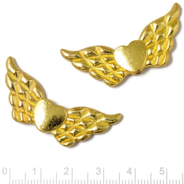 Golden bead, tube bead with large angel wings, 41x18mm, 4pcs