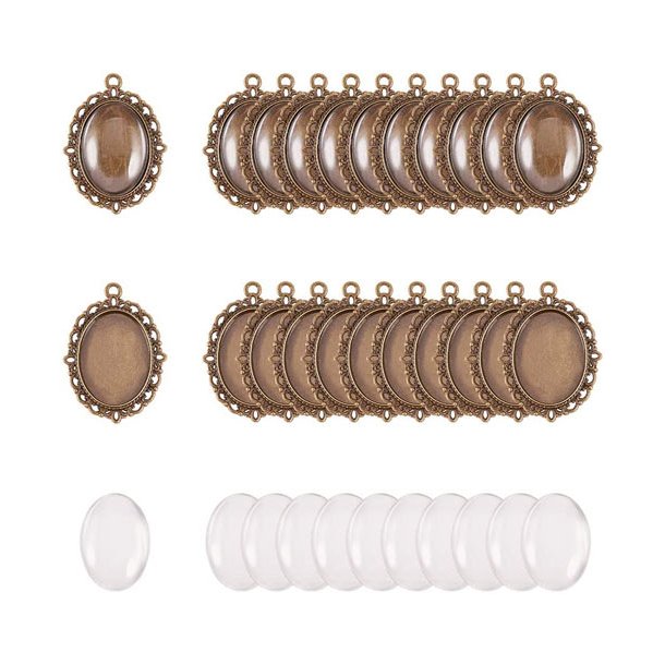 Antique bronze photo frame pendant, with oval clear domed glass, 30 sets