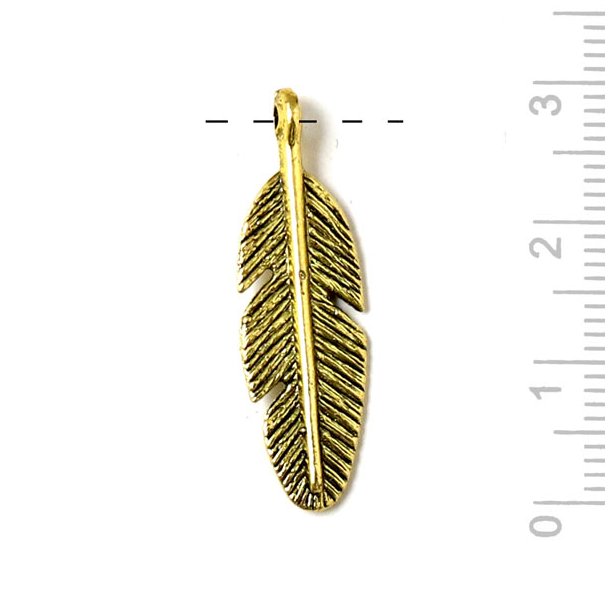 Brass colored, pendant, metal, feather with eye, 30x10x2mm, 2pcs