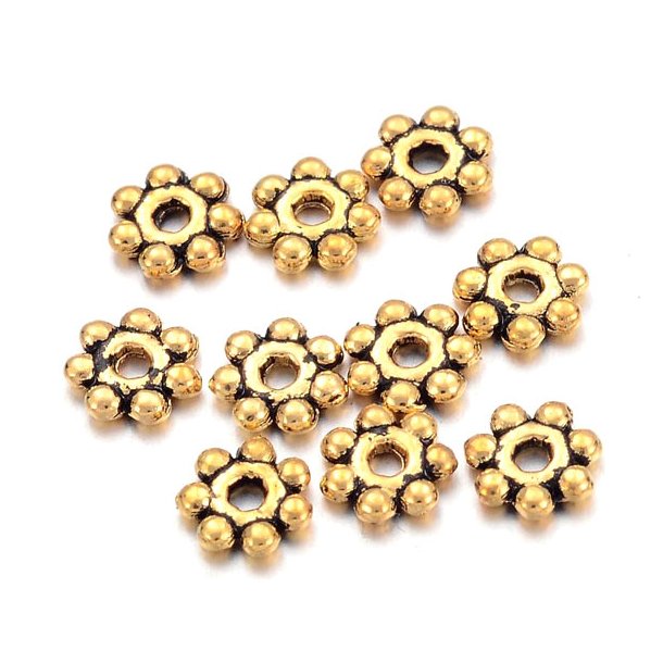 Brass beads, small flower, antique golden, 4mm, 50pcs.