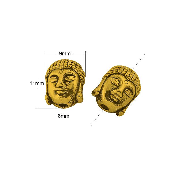 Buddha-head, antique gold-coloured bead with 1,5mm hole, 4pcs.