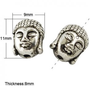 Buddha-Kopf, antiksilberfarbene Perlen, 11x9 mm mit 2 mm Loch,, 4 Stk.