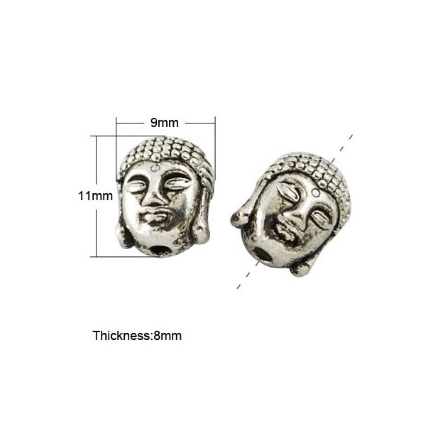 Buddha-head, antique silver-coloured bead, 11x9mm, with 2mm hole, 4pcs.