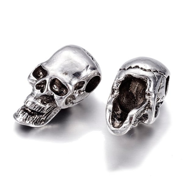 Skull bead with horizontal hole, antique silver colored brass, 24x12x13mm, 1pc