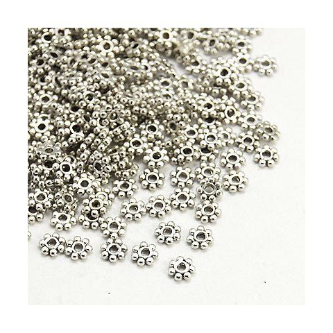 50 Stk., oxidiert, silberfarbene Perlen, Blume, klein, 4 mm