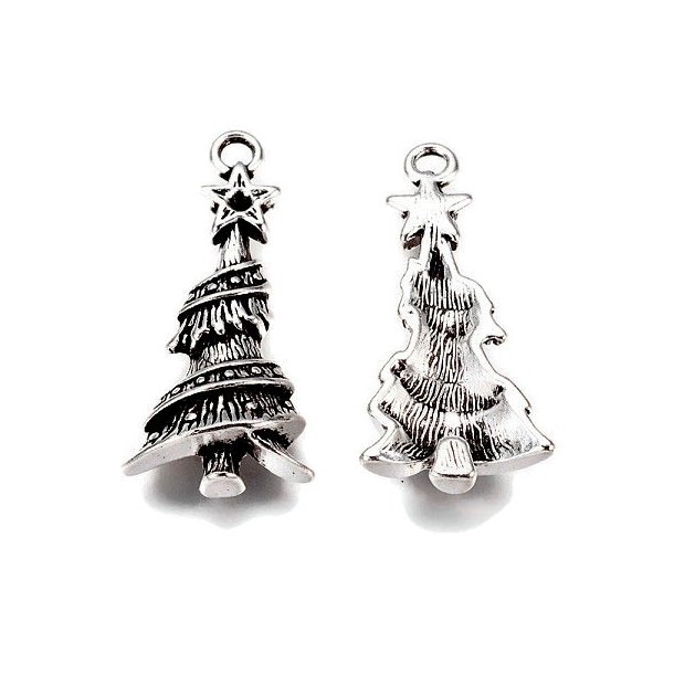 Antique silver charm, alloy, christmas tree, 30x14x5mm, 6pcs.