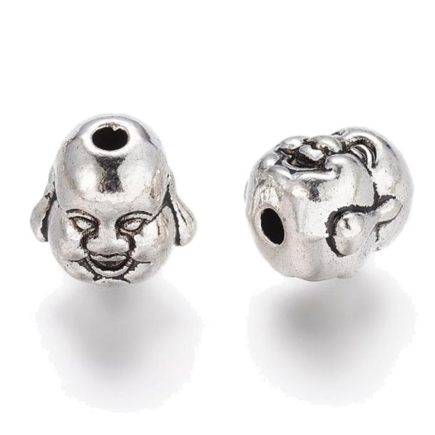 Happy Buddha, antique silver-coloured brass, bead, 10x9mm, with 2mm hole, 4pcs