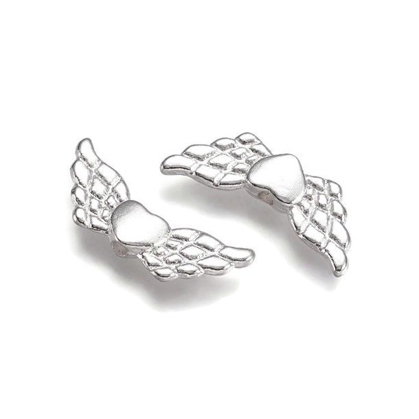 Silver coloured bead, heart with angel wings, 22x9mm, 10pcs