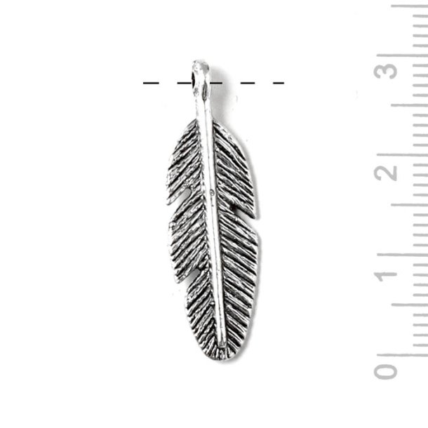 Antique silver colored, pendant, metal, feather with eye, 30x10x2mm, 2pcs
