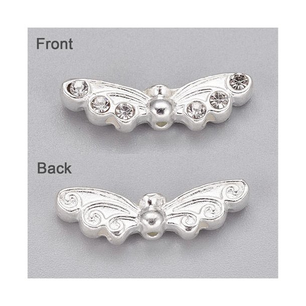 Angel wings with crystals, silver plated alloy, 21x6x4mm, 10pcs.