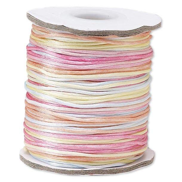 Satin cord, complete reel, round, multi color, pink-yellow, thickness ca. 1mm, 60m