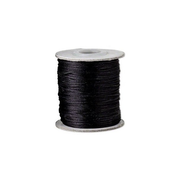 Satin cord on spool, black, thin round and soft, ca. 1mm, 70m
