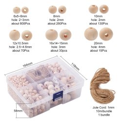 Holzperlensortiment, helle Holzperlen mit schnur, rund, Gren von 6 bis 20 mm, 1 Box