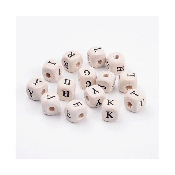 Wooden bead, cube with letter, randomly selected, 10x10 mm, 10 pcs