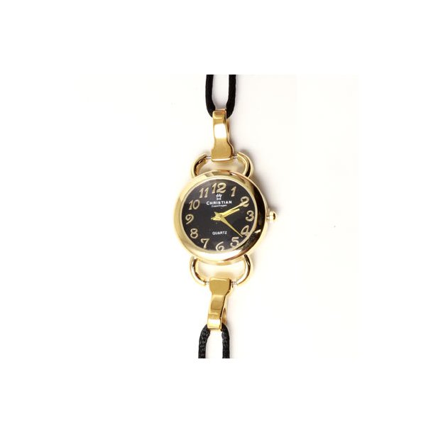 Watch face, goldplated with black dial and extra link, 30x40x6mm, 1pc
