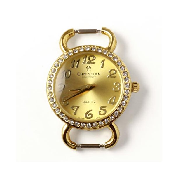 Watch face, crystal encrusted bezel, gold-plated steel with golden dial, 30x40x6mm, 1pc.