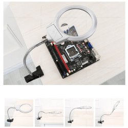 Magnifying glass with a flexible arm, table clamp and LED light.