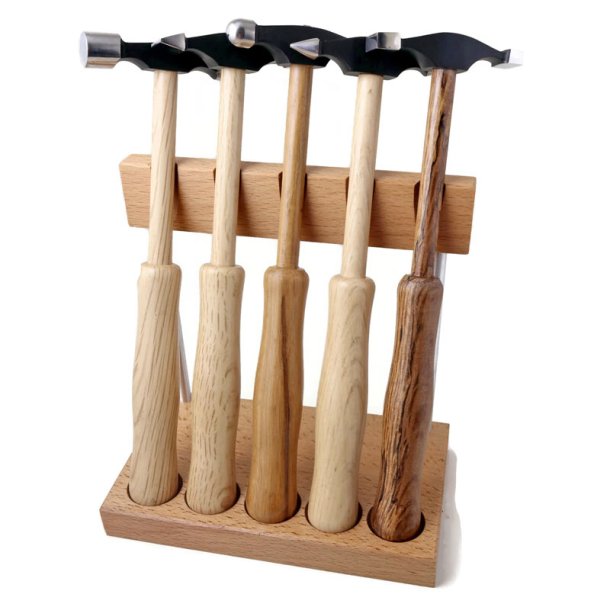 Hammer set, for silversmithing, wood and steel, 5 different with holder, 220x6.5x13 mm
