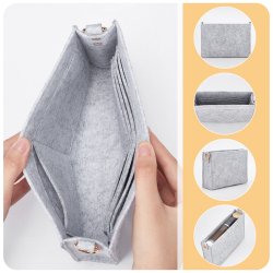 Tascheneinsatz, Filz mit goldenen Messingbeschl&auml;gen, hellgrau, 22x18x5 cm, 1 Stck