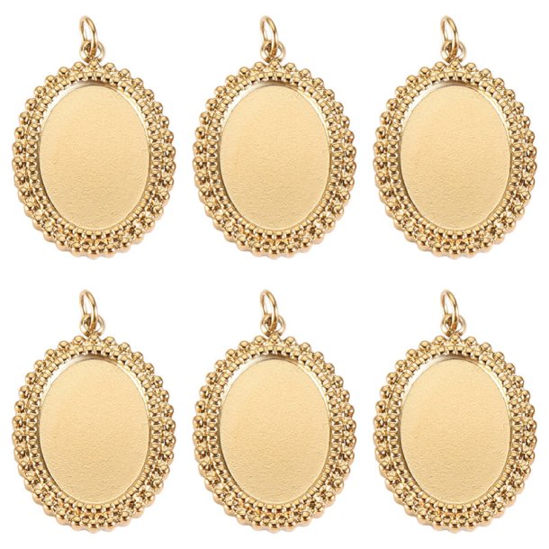 Cabochon settings with jump rings, oval, 14K gold-plated 304 steel, 14x10 mm, 6 pcs