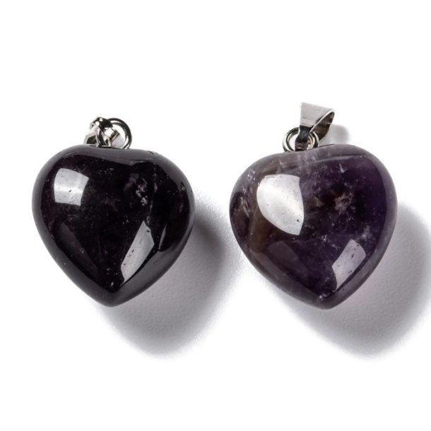 Amethyst heart pendant with bail, silver-plated brass, 18x15 mm