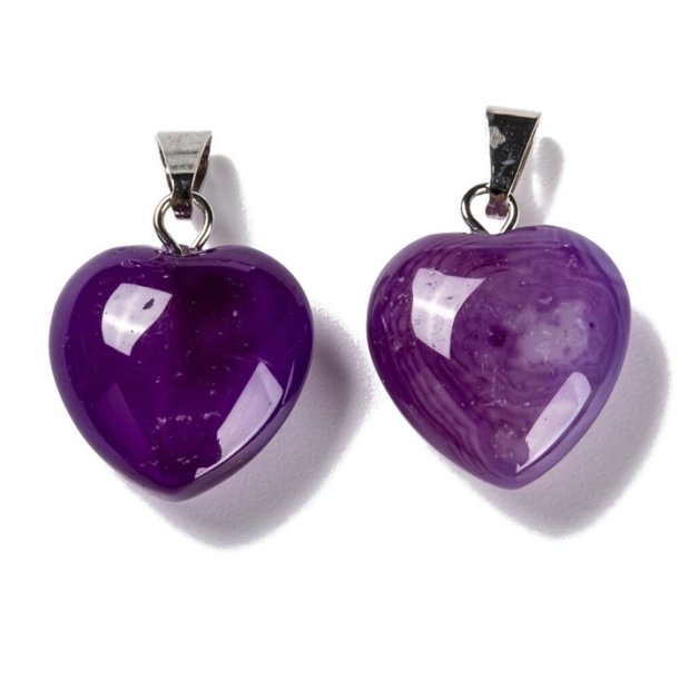Banded agate, purple, heart pendant with bail, silver-plated brass, 18x15 mm