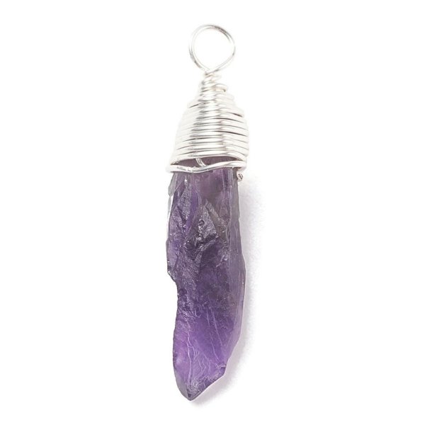 Amethyst pendant, silver-plated, purple, raw, oblong appx. 26x7 mm. 1 pc.