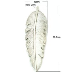 Antique silver-coloured, feather pendant, metal, 56,5x13mm, 1pc.